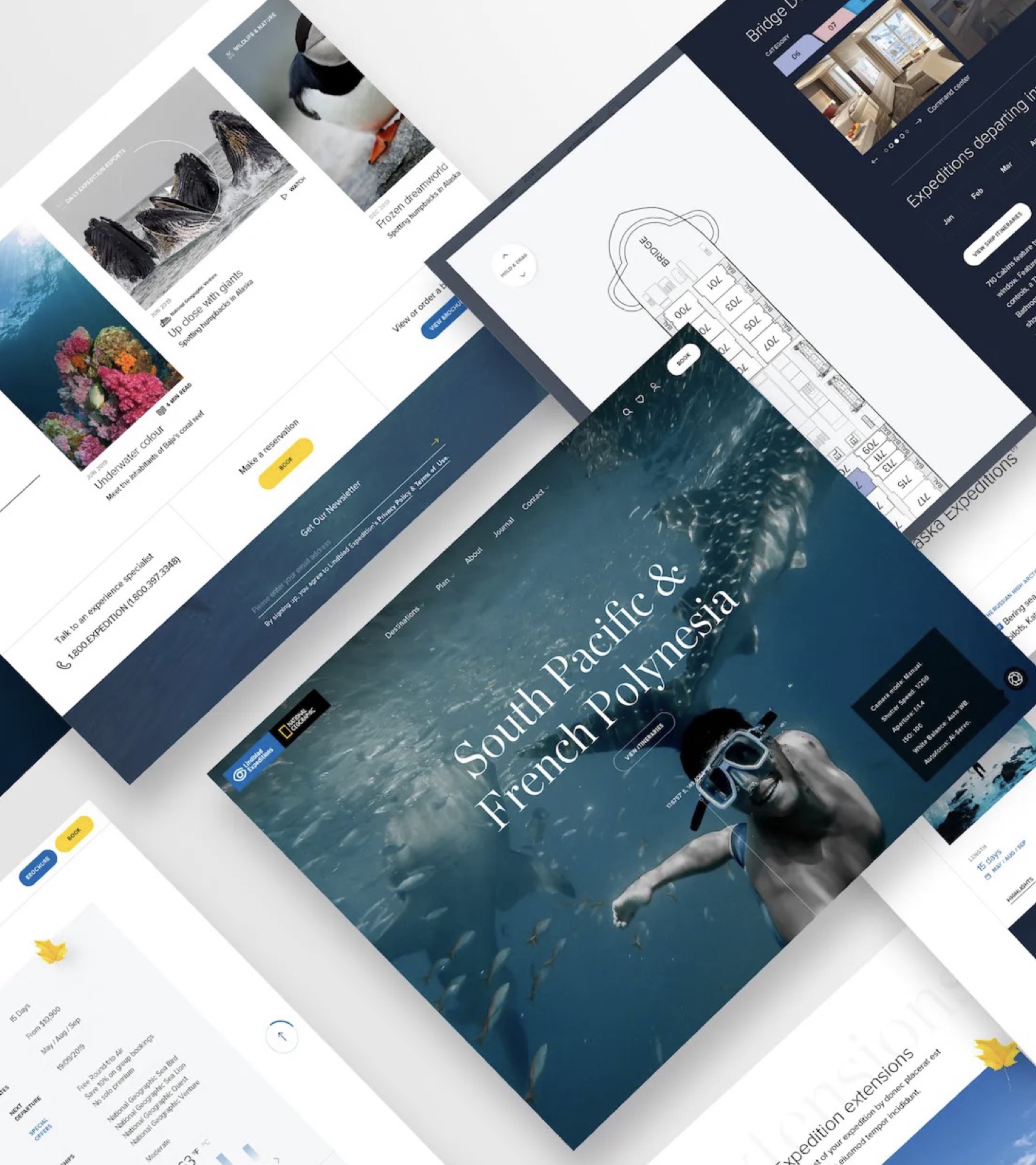 A composition of shipped Lindblad surfaces — expedition reports, cabin selection on the Bridge deck, the South Pacific & French Polynesia destination hero, deck-plan cabin picker, itinerary listings, and expedition extensions.